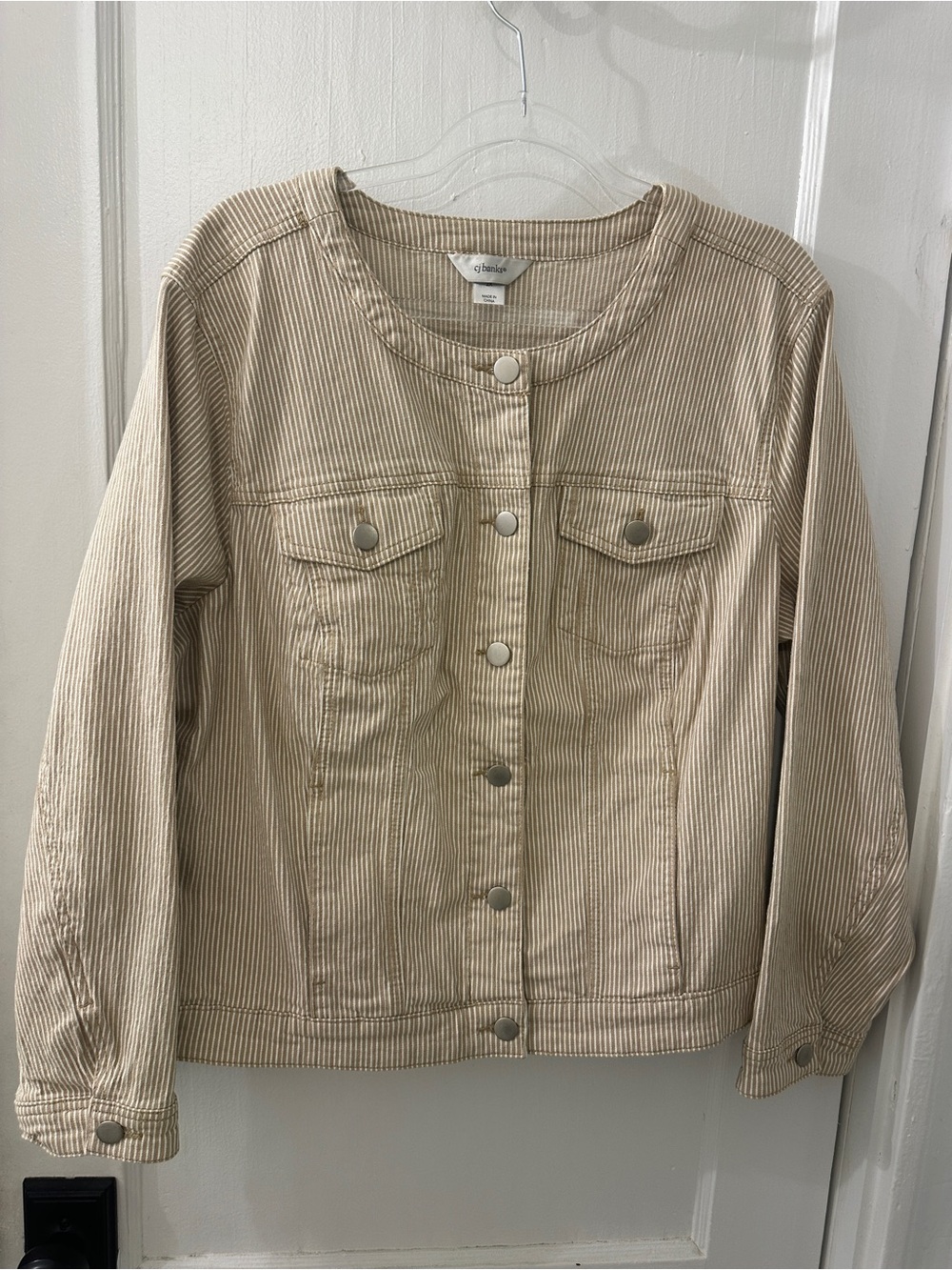 CJ Banks Women’s 2x Tan and White Striped Jean Jacket